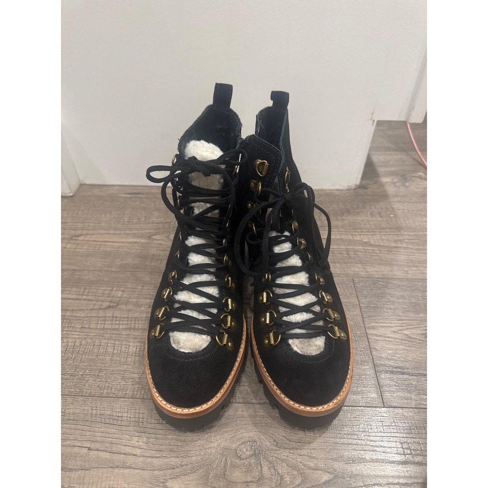 Jeffrey Campbell Black Suede Faux Shearling Hiking Boots Lug Sole Womens 8